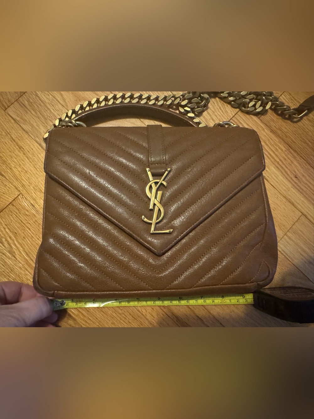 Saint Laurent Brown Chevron Quilted College Shoulder Bag with Gold YSL
